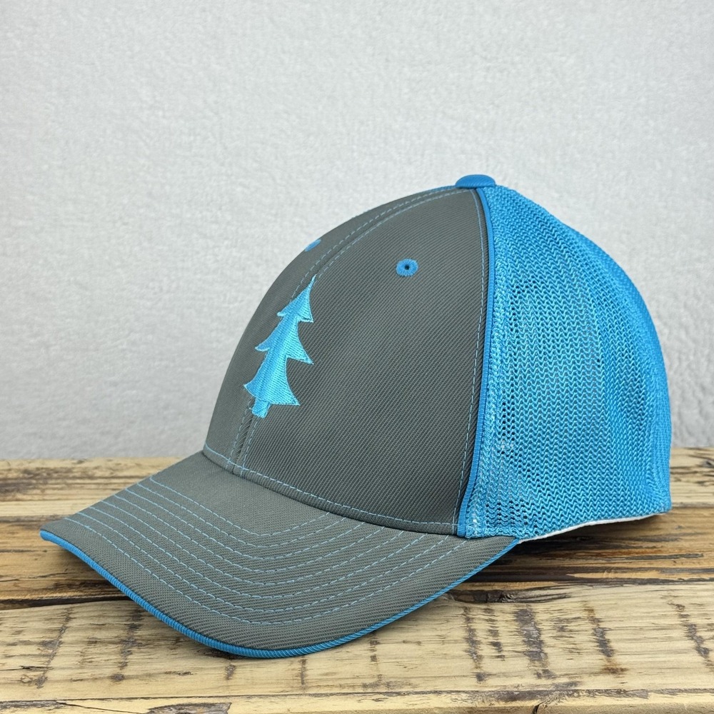 Pacific Headwear Hat Cap Fitted Mens L-XL‎ Gray Blue Tree Logo Mesh Trucker